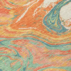 Photo of Orange Green And Beige Abstract Washable Indoor Outdoor Area Rug