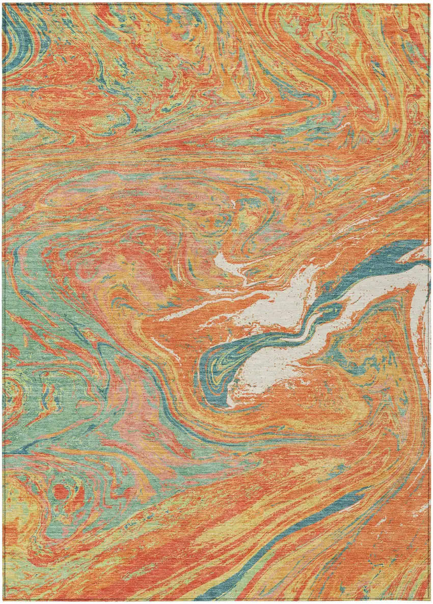 Orange Green And Beige Abstract Washable Indoor Outdoor Area Rug Photo 2