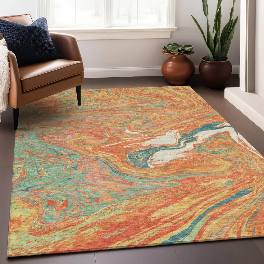 Orange Green And Beige Abstract Washable Indoor Outdoor Area Rug Photo 9