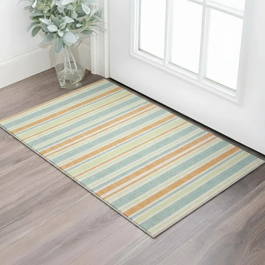 Orange Green And Blue Striped Washable Area Rug With UV Protection Photo 2
