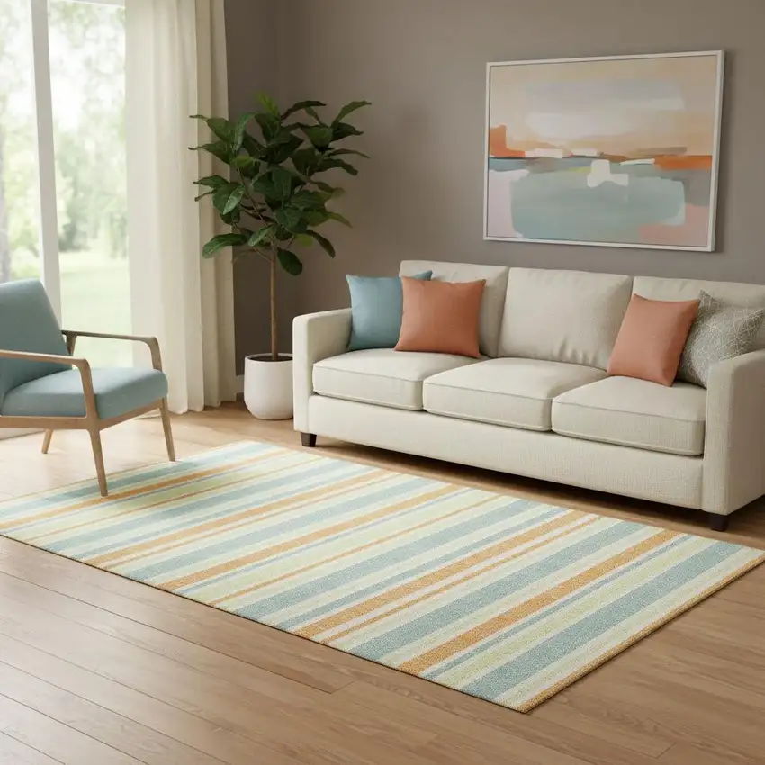 Orange Green And Blue Striped Washable Area Rug With UV Protection Photo 1