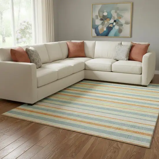 Orange Green And Blue Striped Washable Area Rug With UV Protection Photo 1