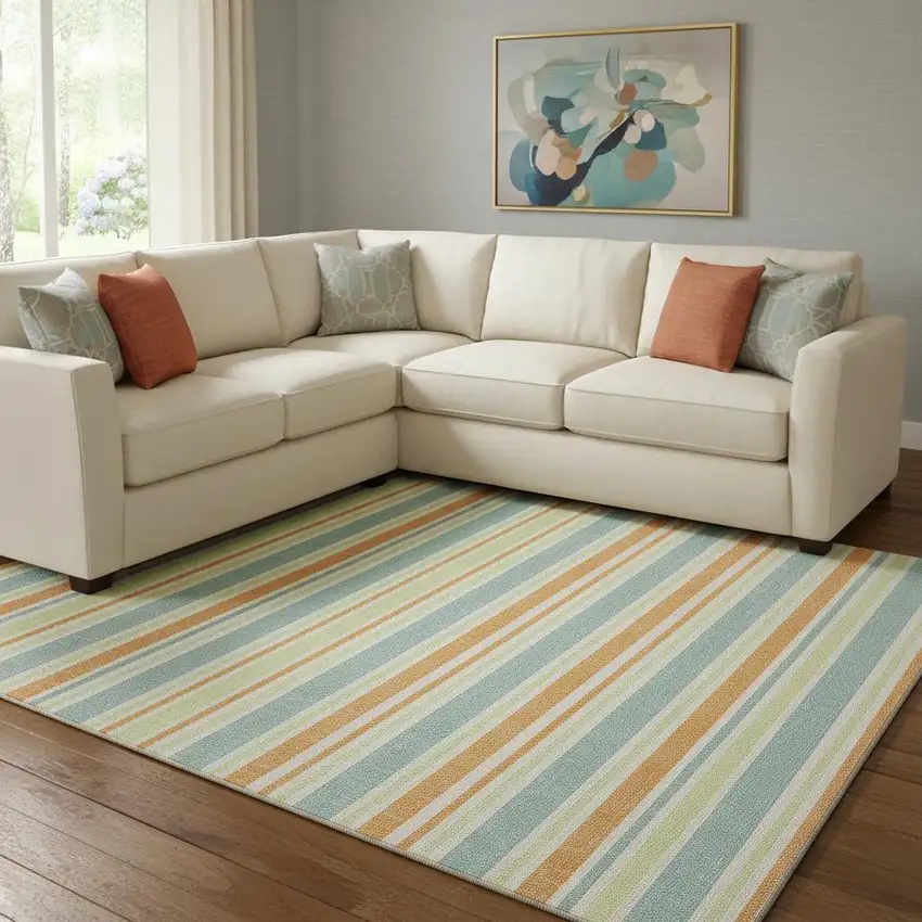 Orange Green And Blue Striped Washable Area Rug With UV Protection Photo 1