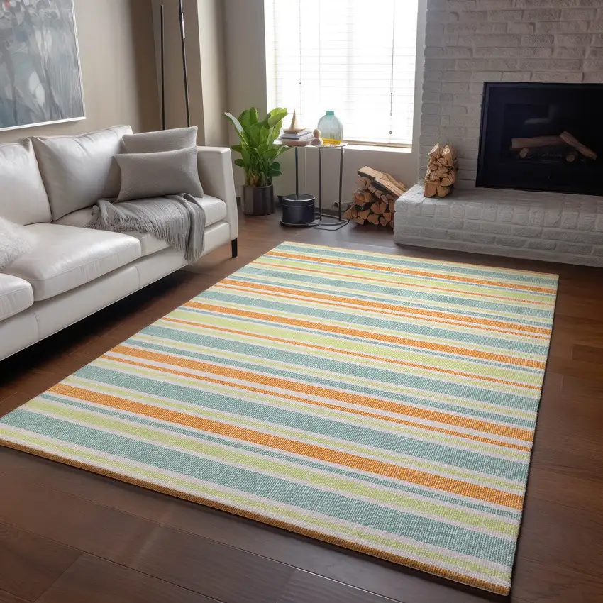 Orange Green And Blue Striped Washable Area Rug With UV Protection Photo 6
