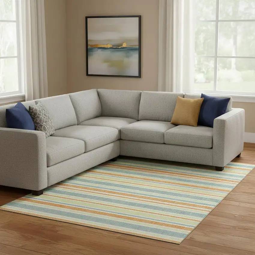 Orange Green And Blue Striped Washable Area Rug With UV Protection Photo 1