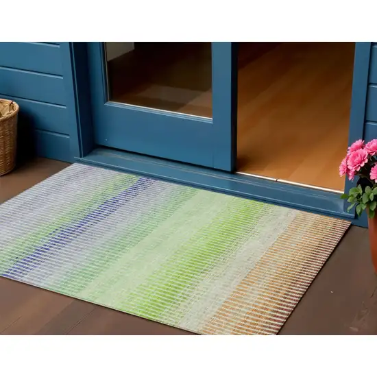 Orange Green And Blue Striped Washable Indoor Outdoor Area Rug Photo 1