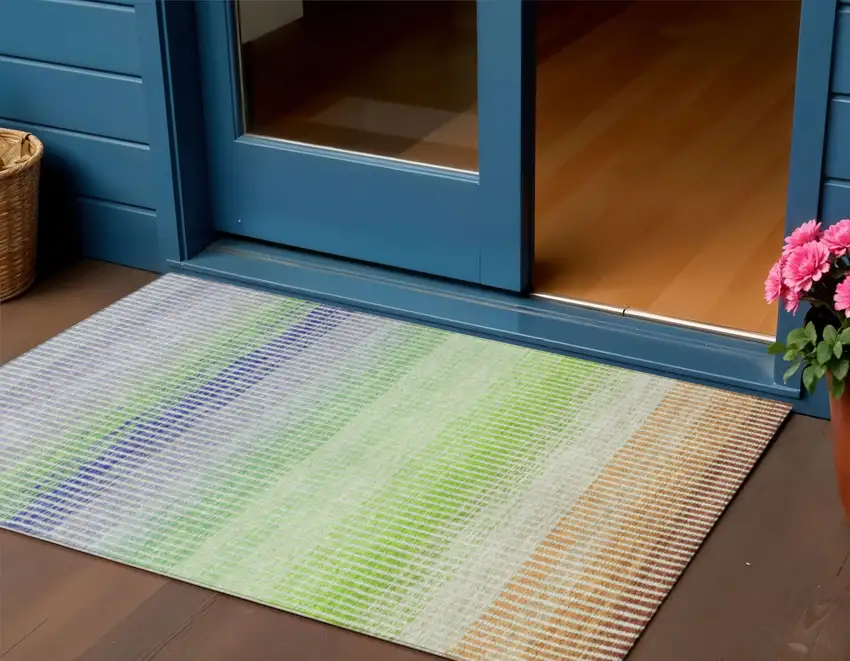 Orange Green And Blue Striped Washable Indoor Outdoor Area Rug Photo 1
