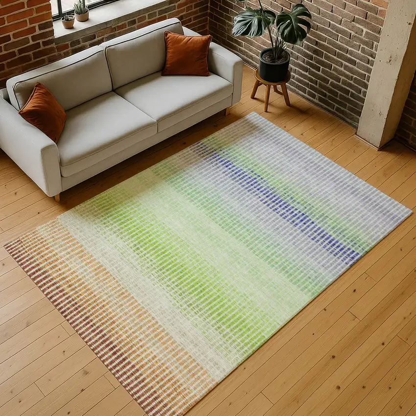 Orange Green And Blue Striped Washable Indoor Outdoor Area Rug Photo 8