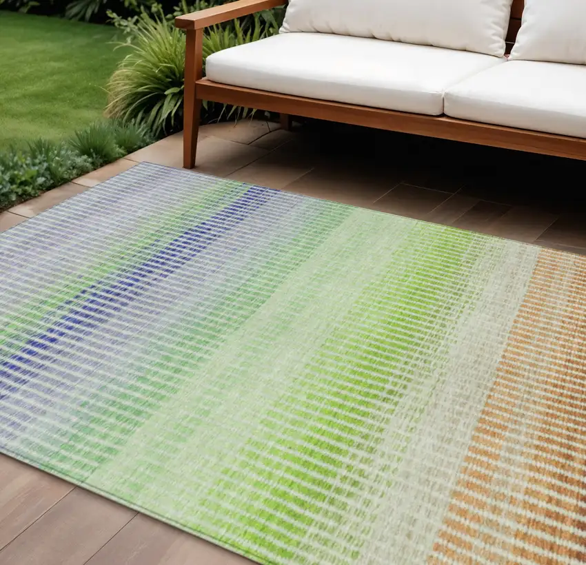Orange Green And Blue Striped Washable Indoor Outdoor Area Rug Photo 1