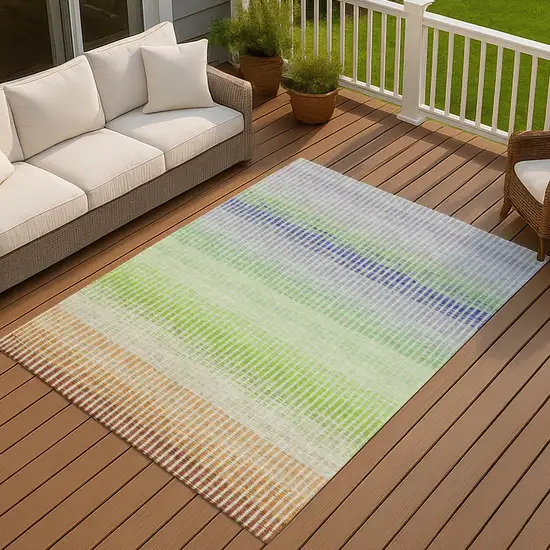 Orange Green And Blue Striped Washable Indoor Outdoor Area Rug Photo 7