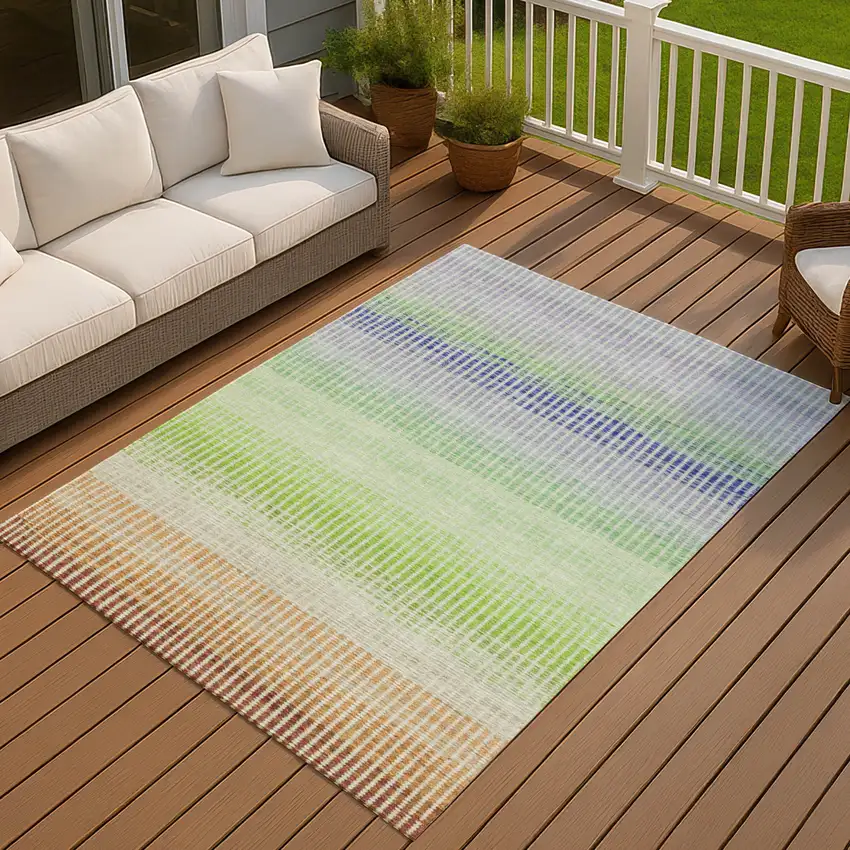 Orange Green And Blue Striped Washable Indoor Outdoor Area Rug Photo 7