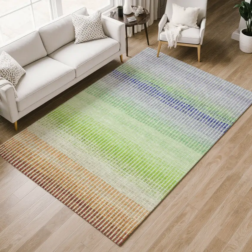 Orange Green And Blue Striped Washable Indoor Outdoor Area Rug Photo 8