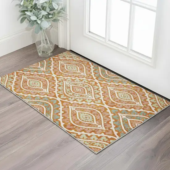 Orange Green And Ivory Diamond Washable Area Rug With UV Protection Photo 2