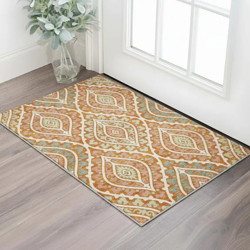 Orange Green And Ivory Diamond Washable Area Rug With UV Protection Photo 2