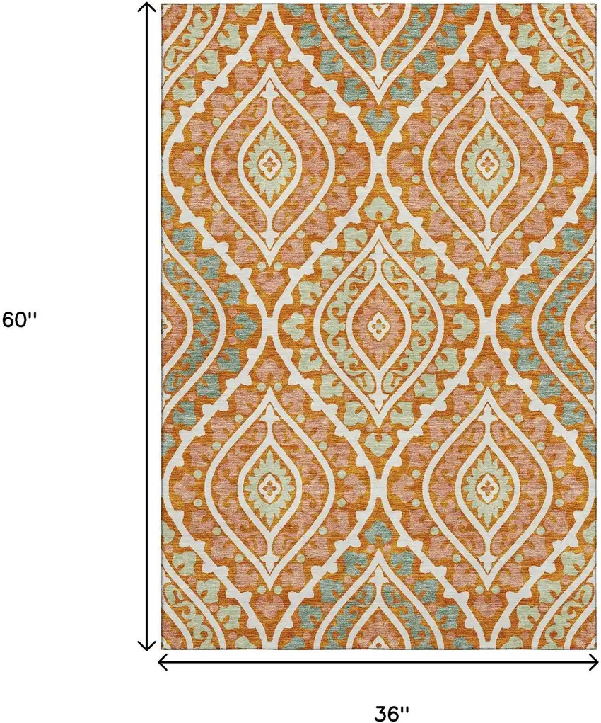 Orange Green And Ivory Diamond Washable Area Rug With UV Protection Photo 3