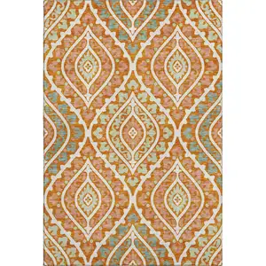 Photo of Orange Green And Ivory Diamond Washable Area Rug With UV Protection