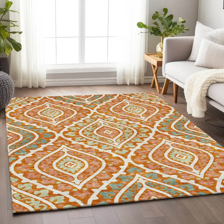Orange Green And Ivory Diamond Washable Area Rug With UV Protection Photo 5