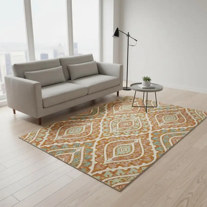 Orange Green And Ivory Diamond Washable Area Rug With UV Protection Photo 2