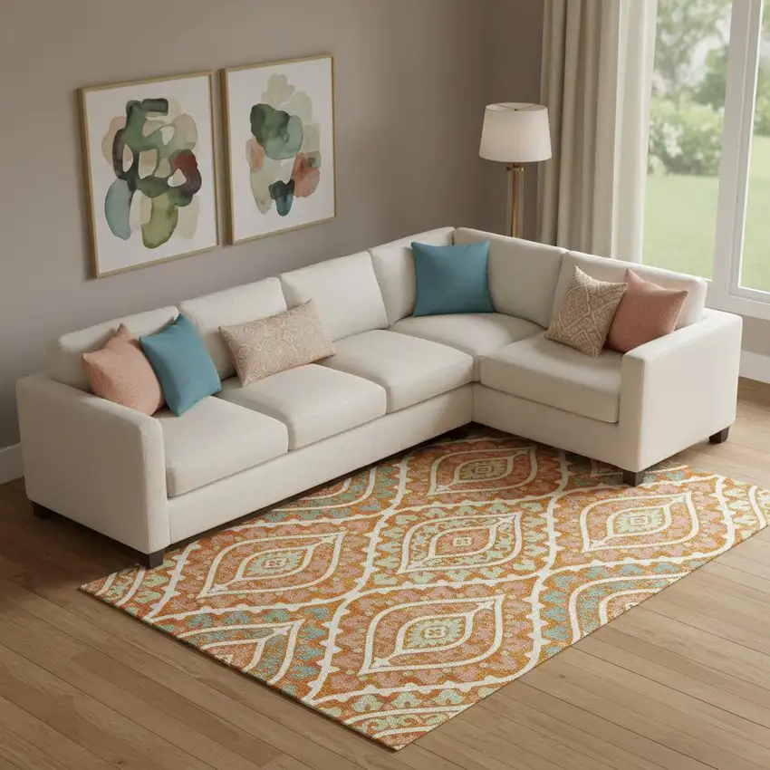 Orange Green And Ivory Diamond Washable Area Rug With UV Protection Photo 1