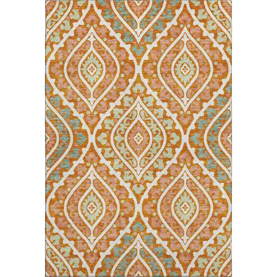 Orange Green And Ivory Diamond Washable Area Rug With UV Protection Photo 1