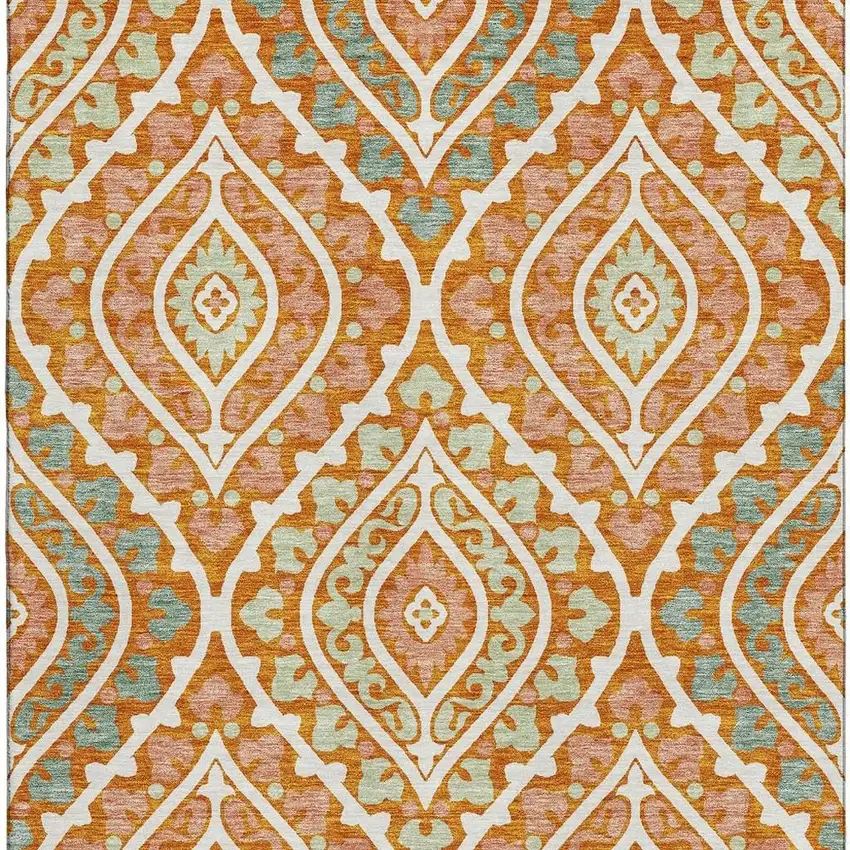 Orange Green And Ivory Diamond Washable Area Rug With UV Protection Photo 4