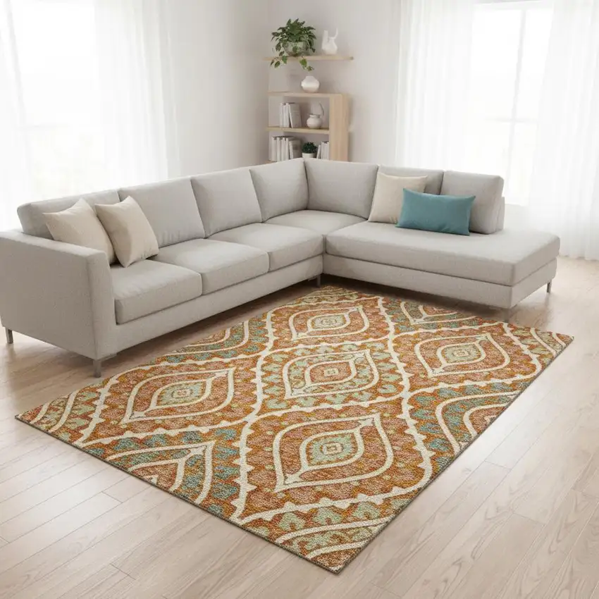 Orange Green And Ivory Diamond Washable Area Rug With UV Protection Photo 2