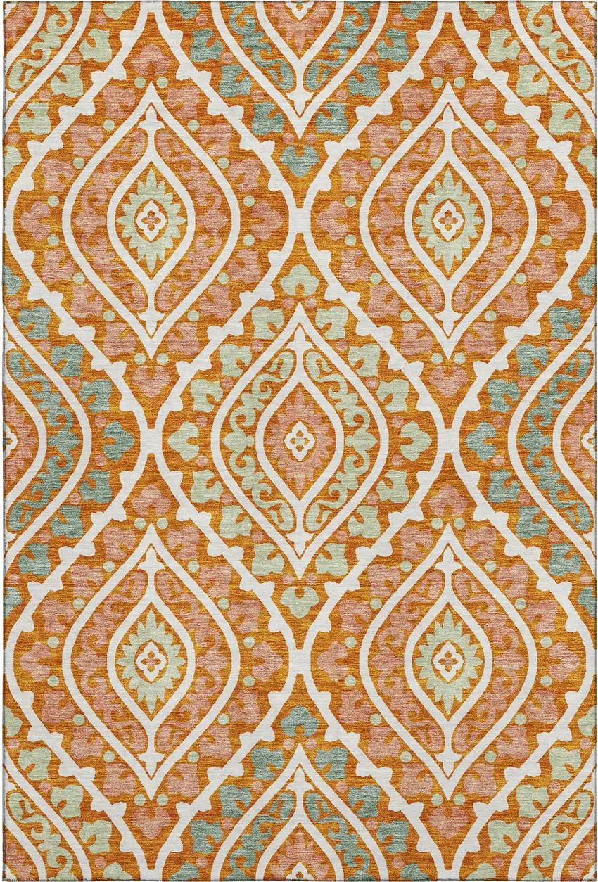 Orange Green And Ivory Diamond Washable Area Rug With UV Protection Photo 1