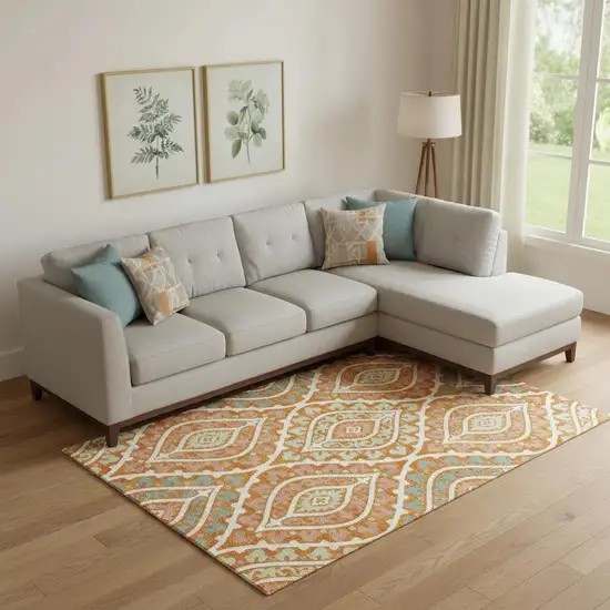 Orange Green And Ivory Diamond Washable Area Rug With UV Protection Photo 1