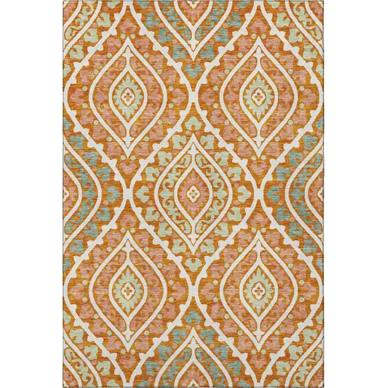 Orange Green And Ivory Diamond Washable Area Rug With UV Protection Photo 4