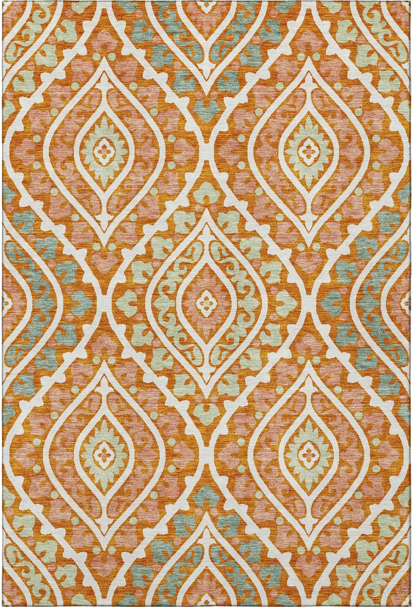 Orange Green And Ivory Diamond Washable Area Rug With UV Protection Photo 4
