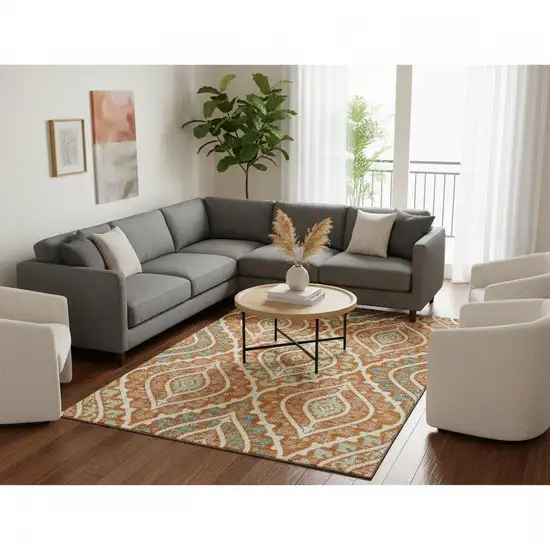 Orange Green And Ivory Diamond Washable Area Rug With UV Protection Photo 2