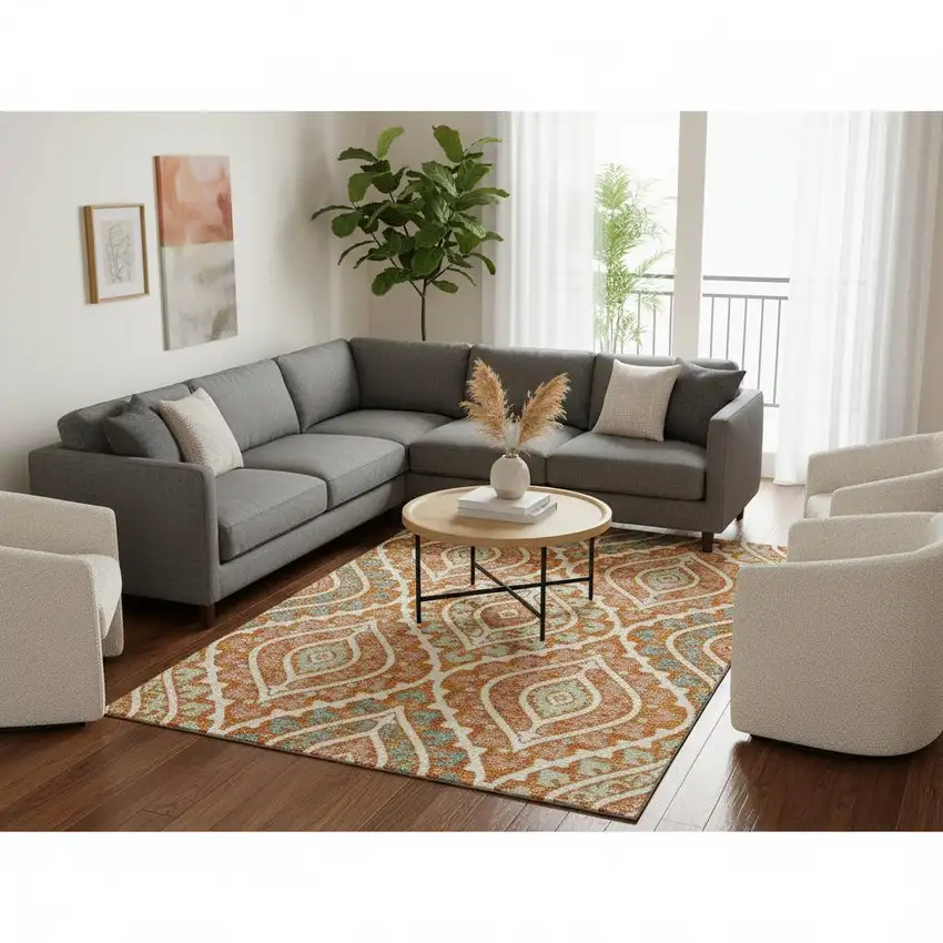 Orange Green And Ivory Diamond Washable Area Rug With UV Protection Photo 2