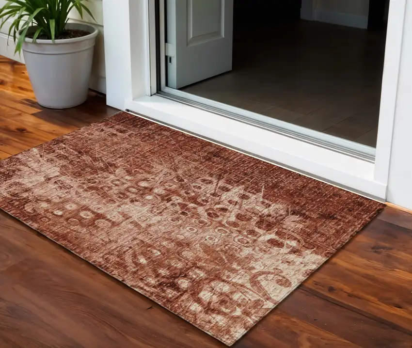 Orange Ikat Washable Non Skid Indoor Outdoor Area Rug Photo 1