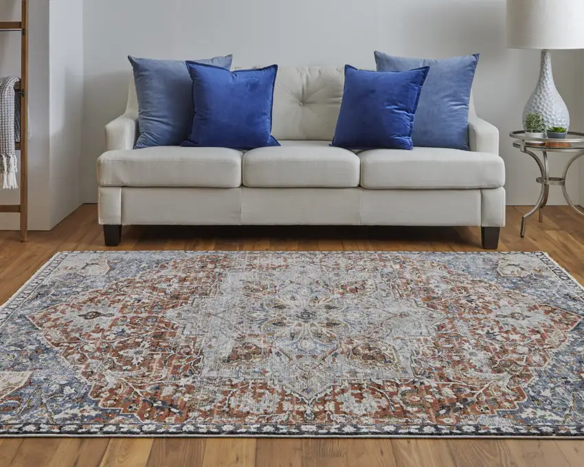 Orange Ivory And Blue Floral Power Loom Area Rug With Fringe Photo 7