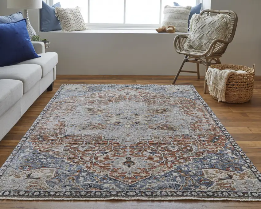 Orange Ivory And Blue Floral Power Loom Area Rug With Fringe Photo 6
