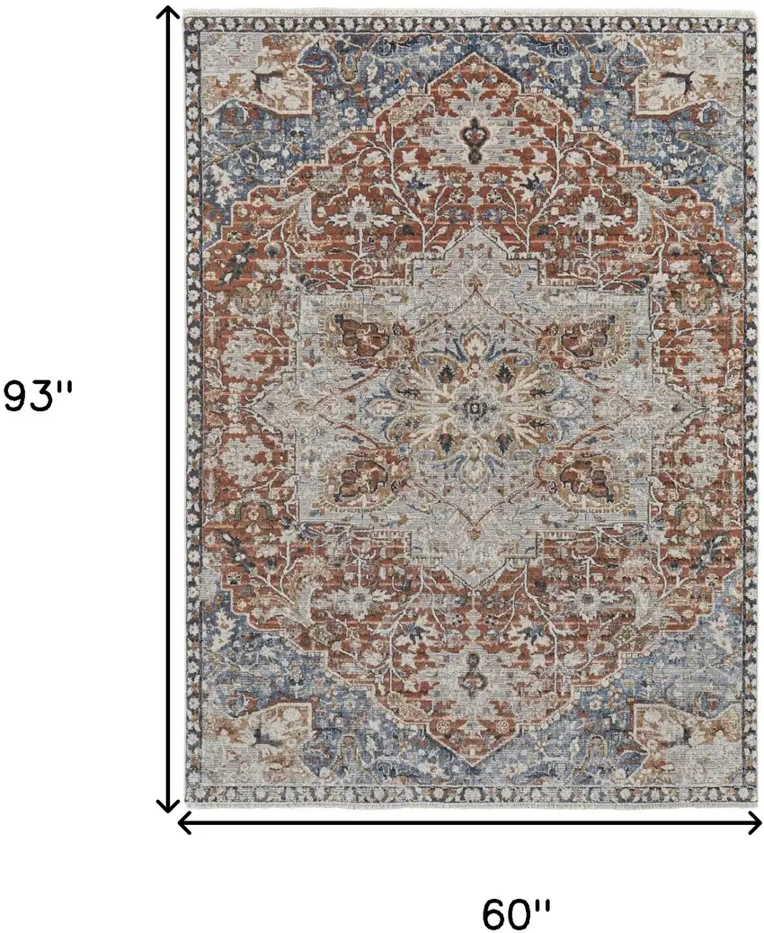 Orange Ivory And Blue Floral Power Loom Area Rug With Fringe Photo 10