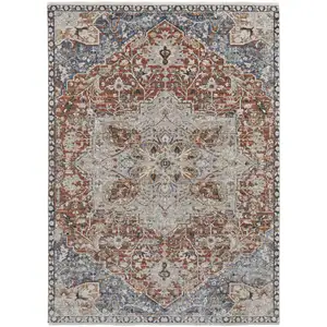 Photo of Orange Ivory And Blue Floral Power Loom Area Rug With Fringe