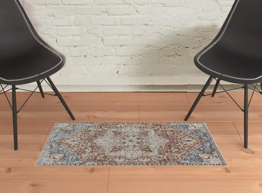 Orange Ivory And Blue Floral Power Loom Area Rug With Fringe Photo 2