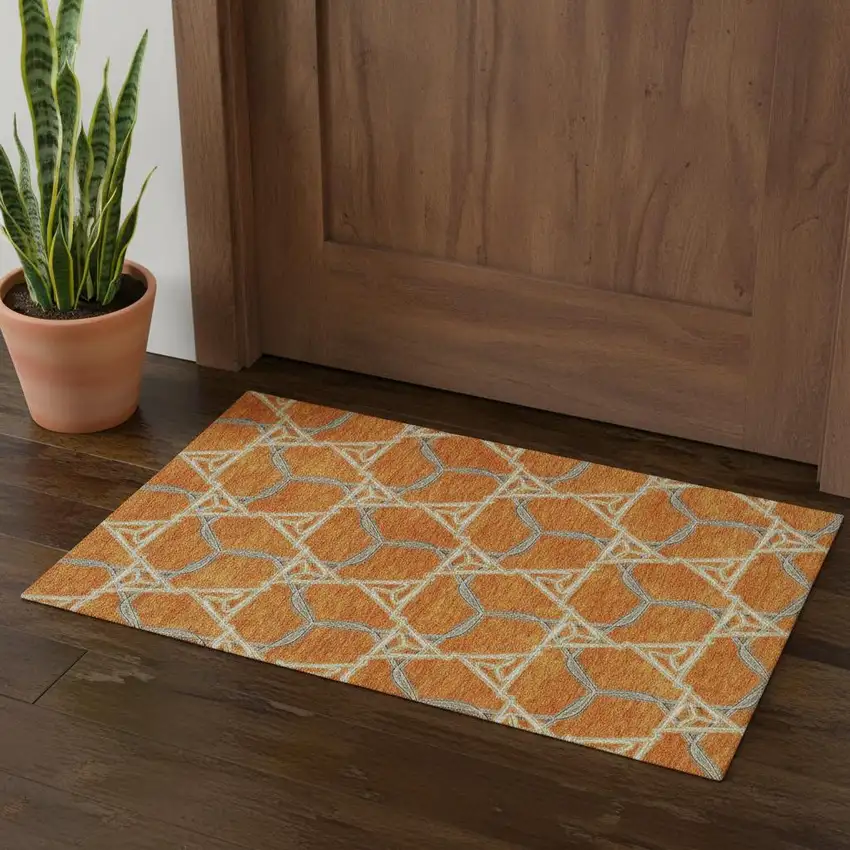 Orange Ivory And Blue Geometric Washable Area Rug With UV Protection Photo 1