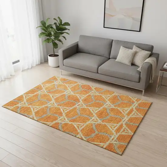 Orange Ivory And Blue Geometric Washable Area Rug With UV Protection Photo 2