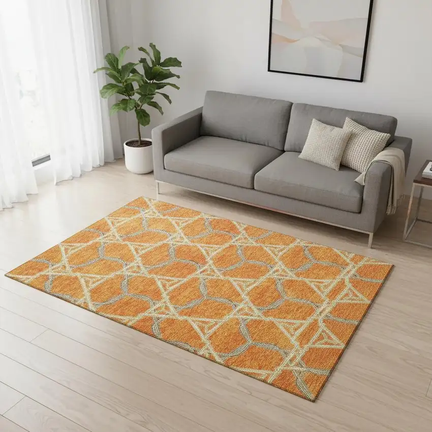 Orange Ivory And Blue Geometric Washable Area Rug With UV Protection Photo 2