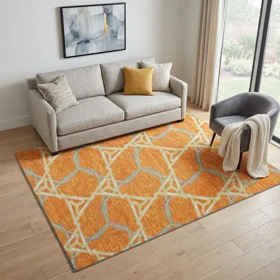 Orange Ivory And Blue Geometric Washable Area Rug With UV Protection Photo 1
