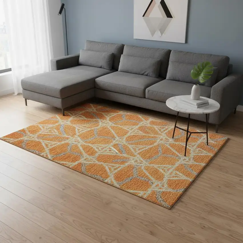 Orange Ivory And Blue Geometric Washable Area Rug With UV Protection Photo 2