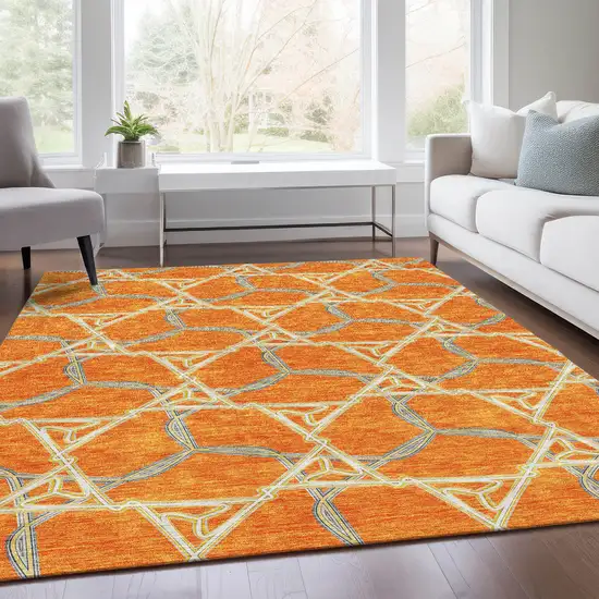 Orange Ivory And Blue Geometric Washable Area Rug With UV Protection Photo 4