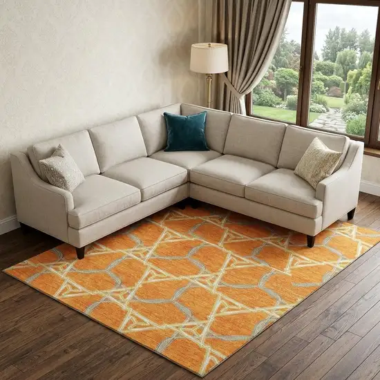 Orange Ivory And Blue Geometric Washable Area Rug With UV Protection Photo 1