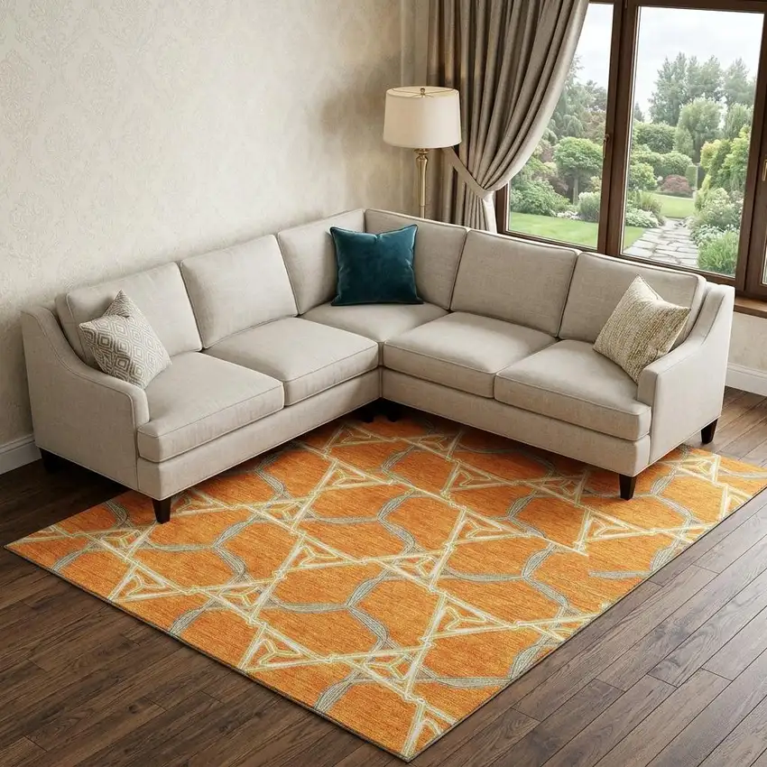 Orange Ivory And Blue Geometric Washable Area Rug With UV Protection Photo 1