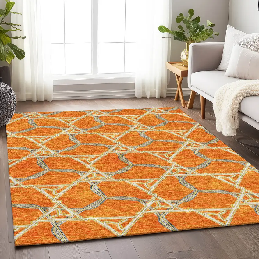 Orange Ivory And Blue Geometric Washable Area Rug With UV Protection Photo 3