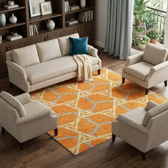 Orange Ivory And Blue Geometric Washable Area Rug With UV Protection Photo 1