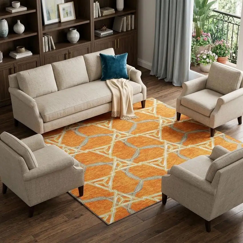 Orange Ivory And Blue Geometric Washable Area Rug With UV Protection Photo 1