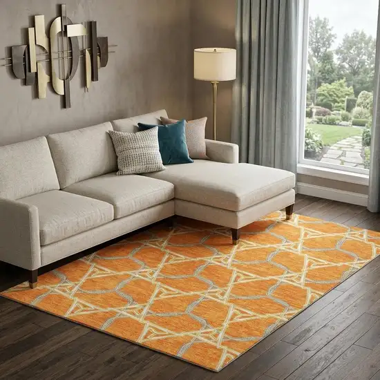 Orange Ivory And Blue Geometric Washable Area Rug With UV Protection Photo 1